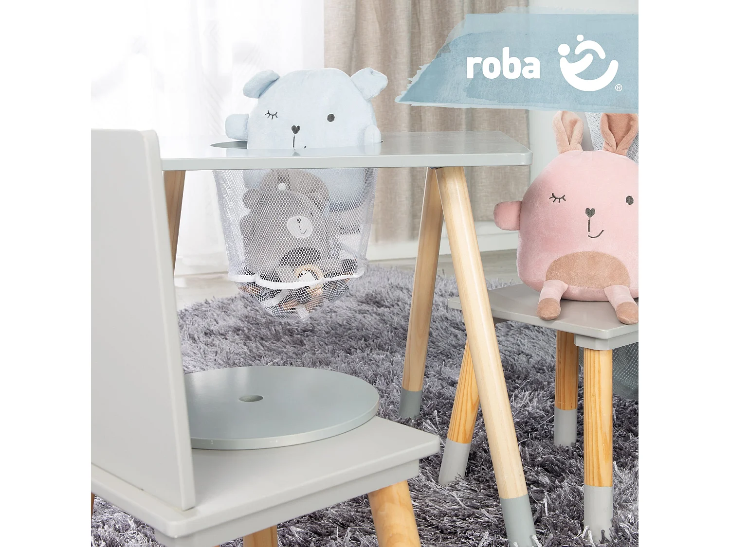 Juego de mesa y sillas para niños Roba de 3 piezas con red de almacenamiento - Diseño rectangular gris