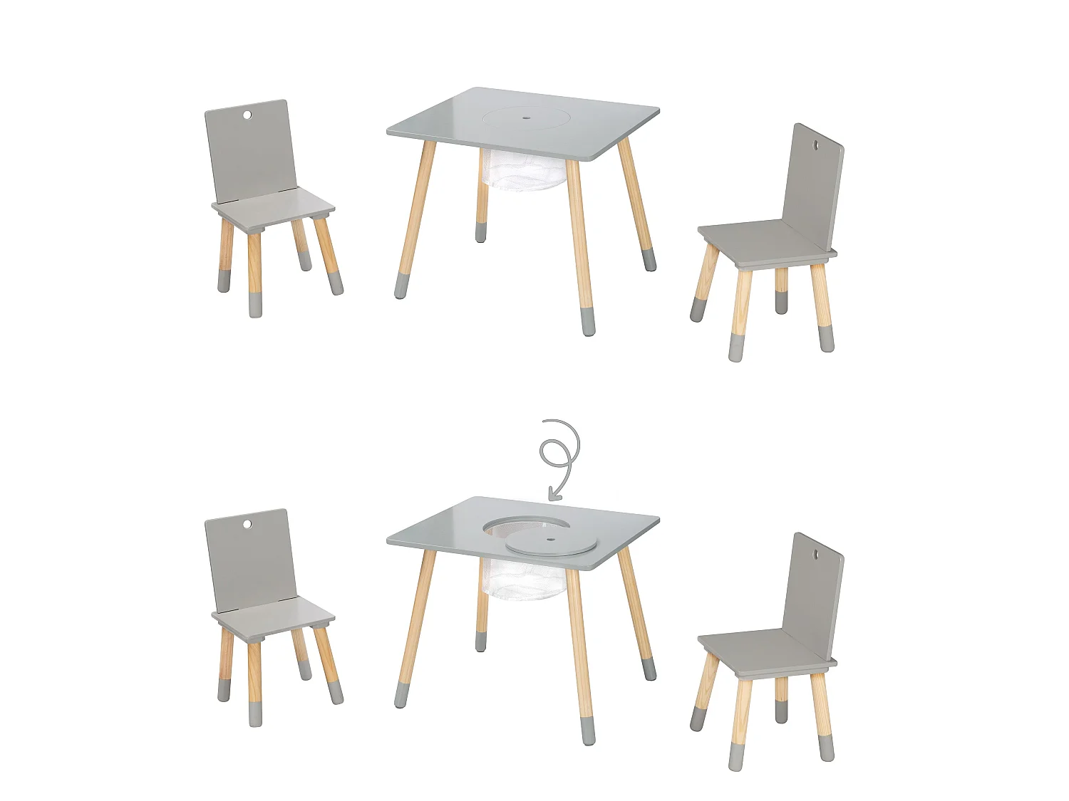 Juego de mesa y sillas para niños Roba de 3 piezas con red de almacenamiento - Diseño rectangular gris