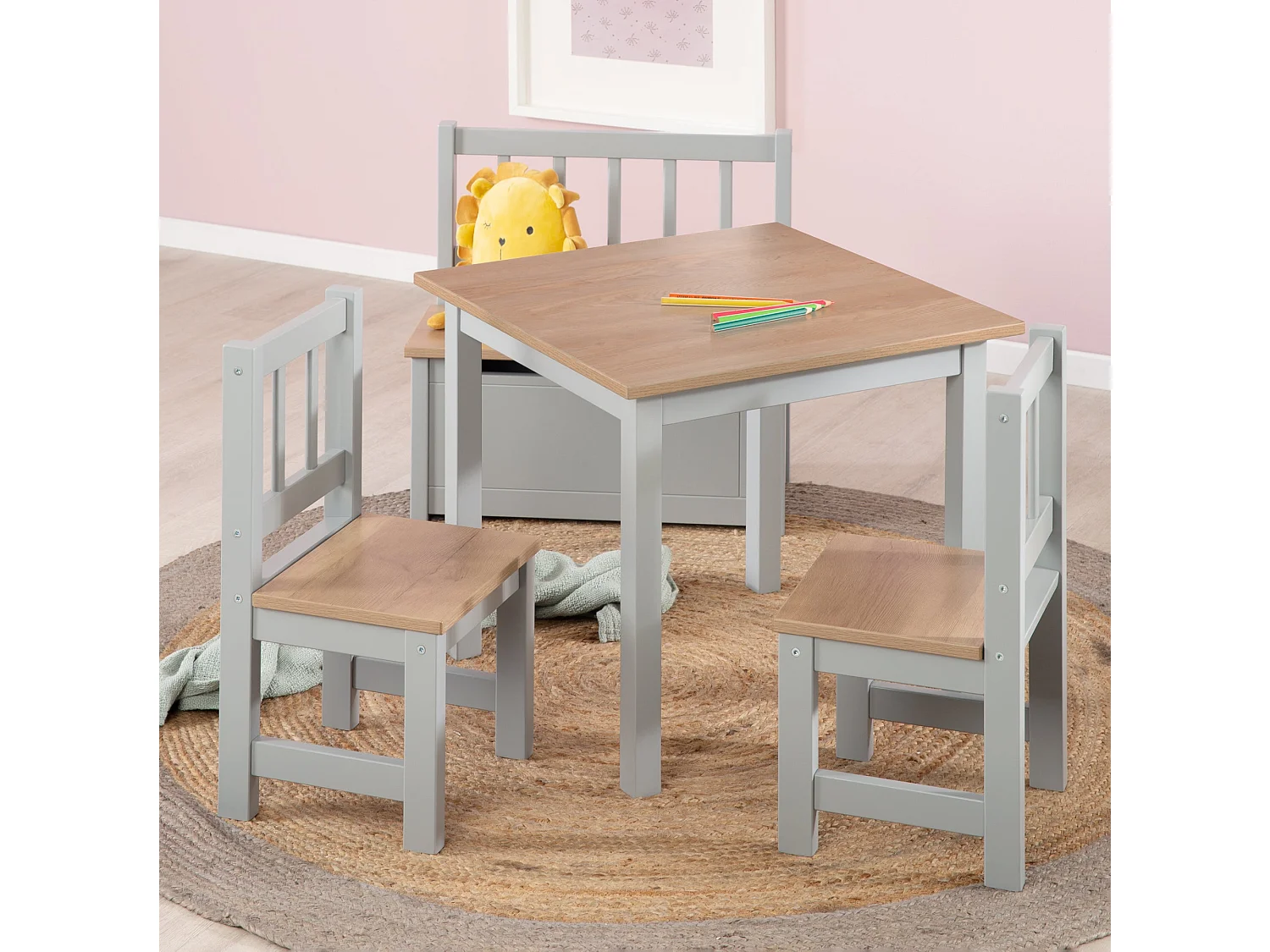 Juego de mesa y sillas infantiles Roba de 3 piezas 'Woody' - MDF color taupe, Ideal para niños a partir de 18 meses