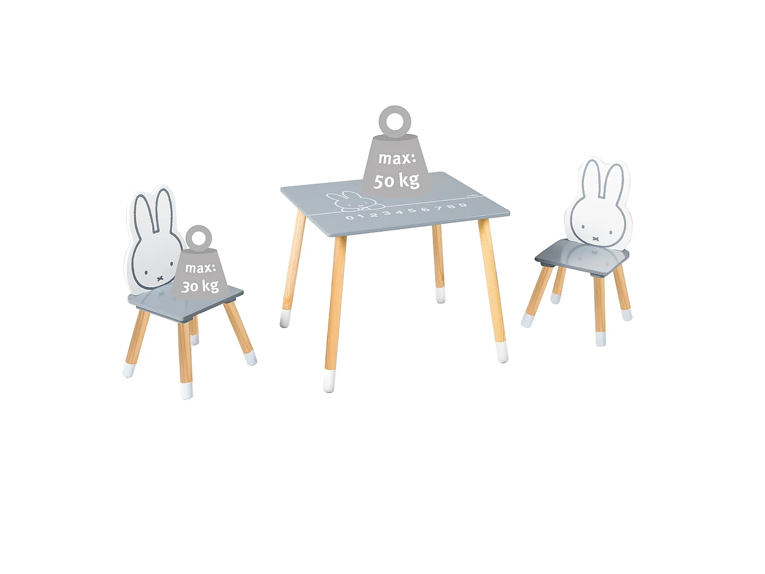 Juego de mesa y sillas para niños Roba Miffy, gris, forma rectangular, certificado seguro, edades 1,5-10