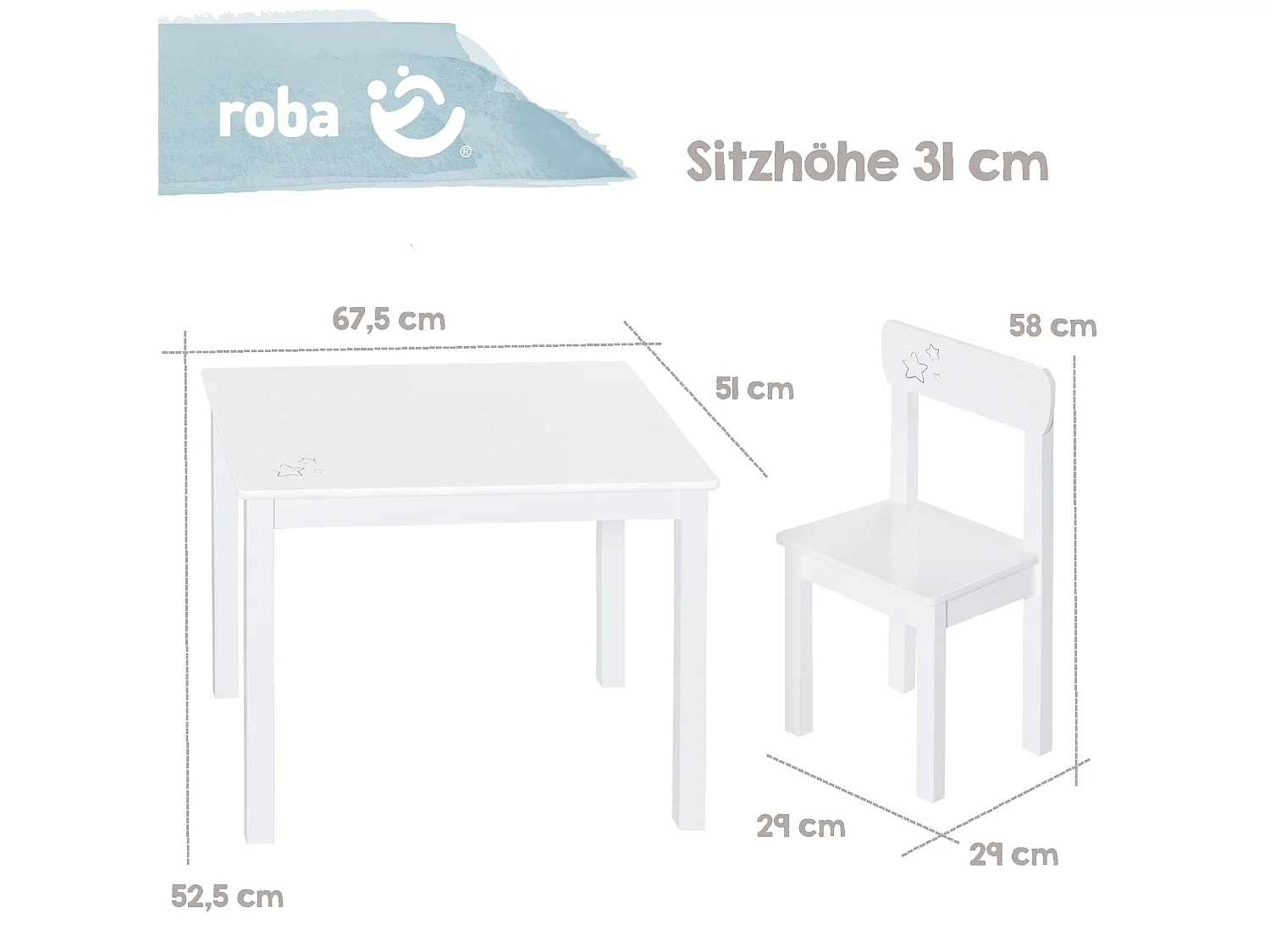 Ensemble Table et Chaises Enfants Roba Little Stars - Idéal pour les 2-10 ans, MDF, Imprimé Étoile, Conforme EN71-1:2014