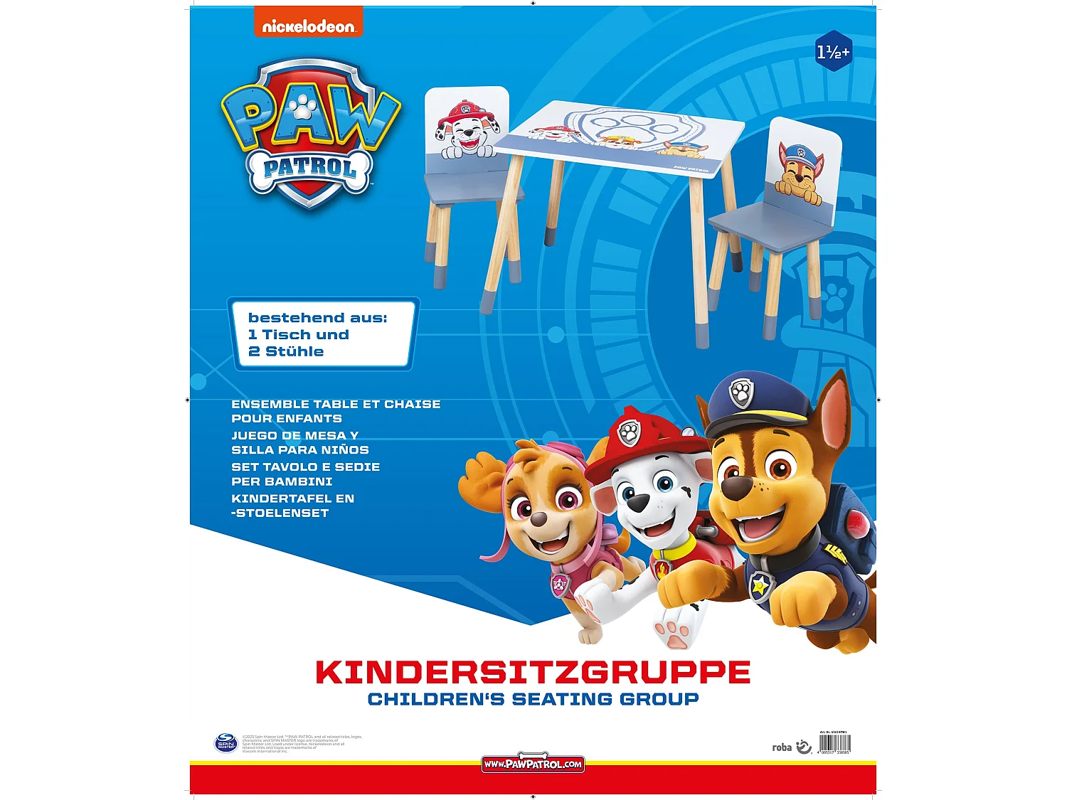 Ensemble table et chaises pour enfants Roba Paw Patrol 2 places, bleu et blanc, bois, prêt à monter