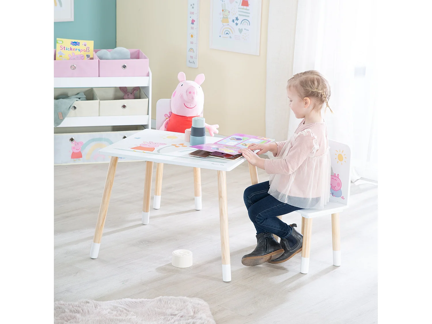 Ensemble Table et Chaises Enfants Roba Peppa Pig - Blanc, Bois Robuste, Imprimés Colorés, Sûr et Certifié