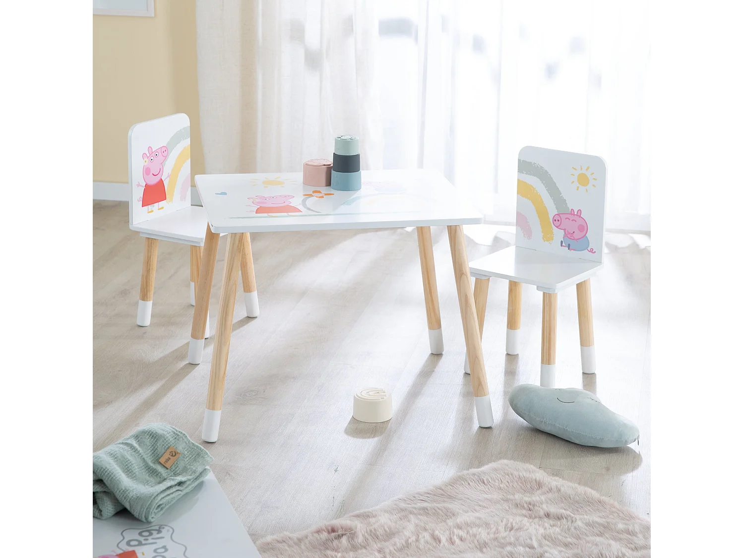 Ensemble Table et Chaises Enfants Roba Peppa Pig - Blanc, Bois Robuste, Imprimés Colorés, Sûr et Certifié