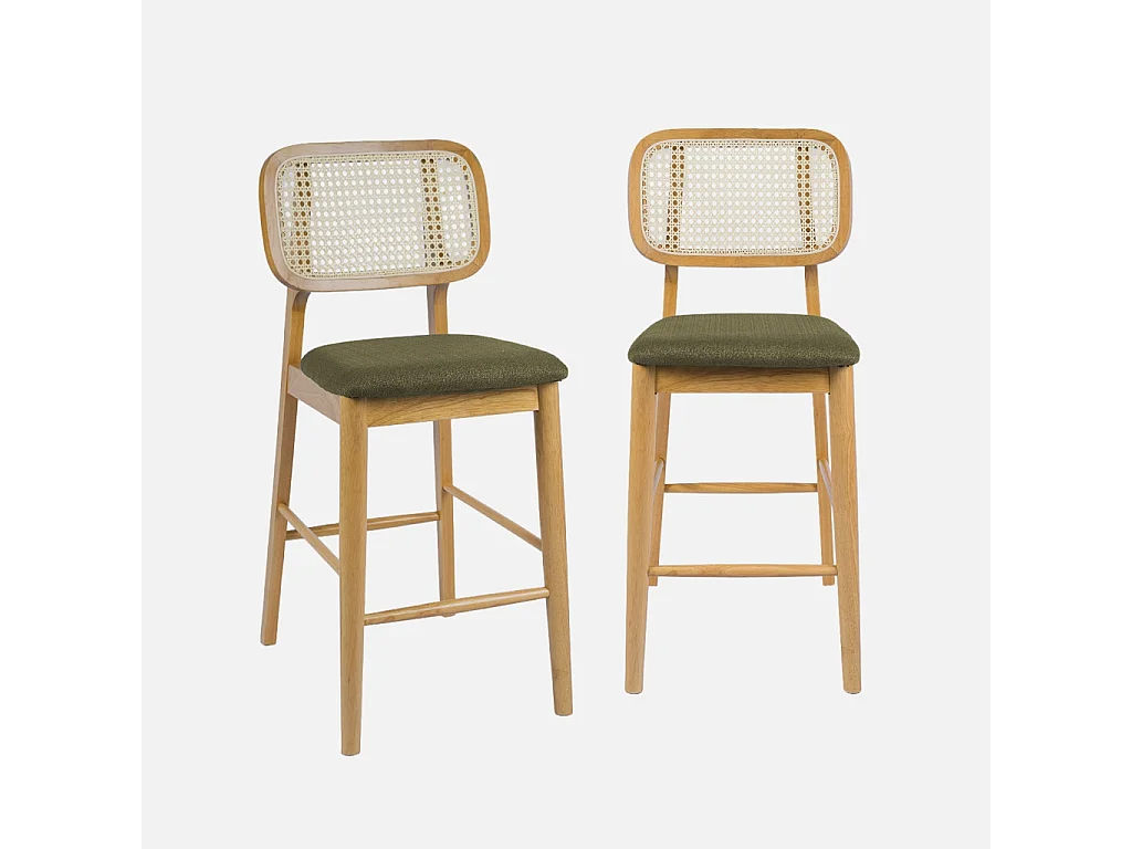 Taburete de bar de madera de hevea con rejilla y tela, set de 2