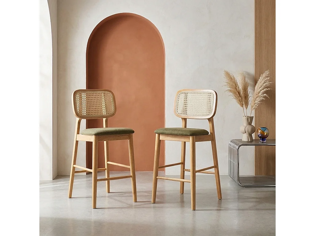 Taburete de bar de madera de hevea con rejilla y tela, set de 2