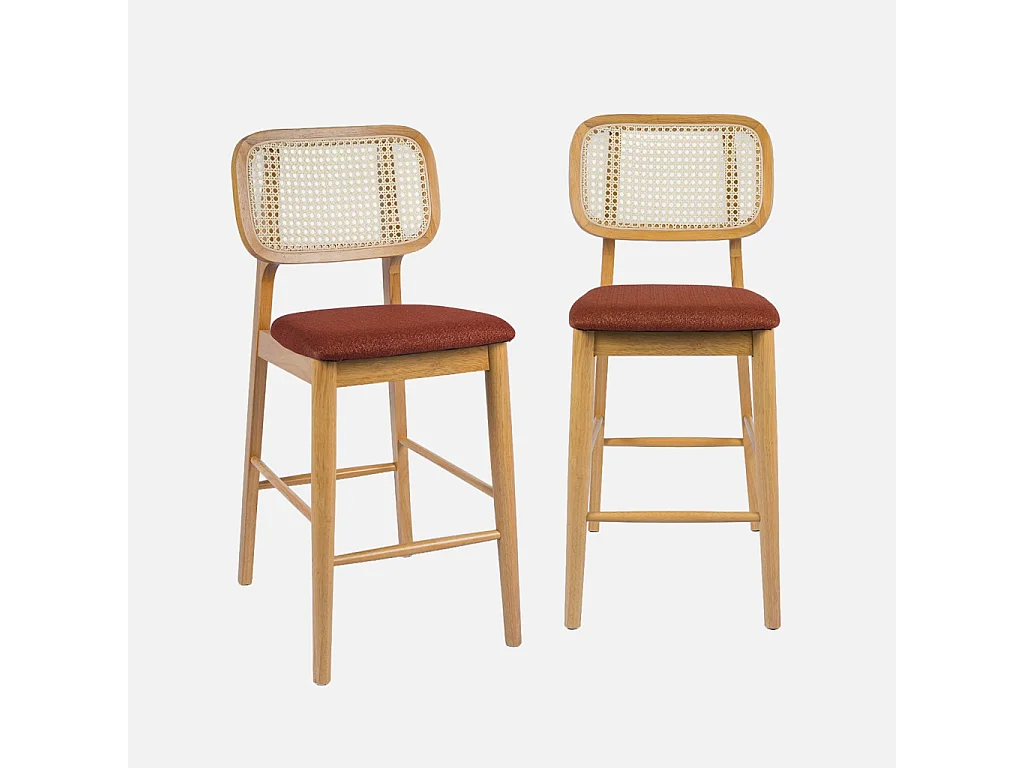 Taburete de bar de madera de hevea con rejilla y tela, set de 2