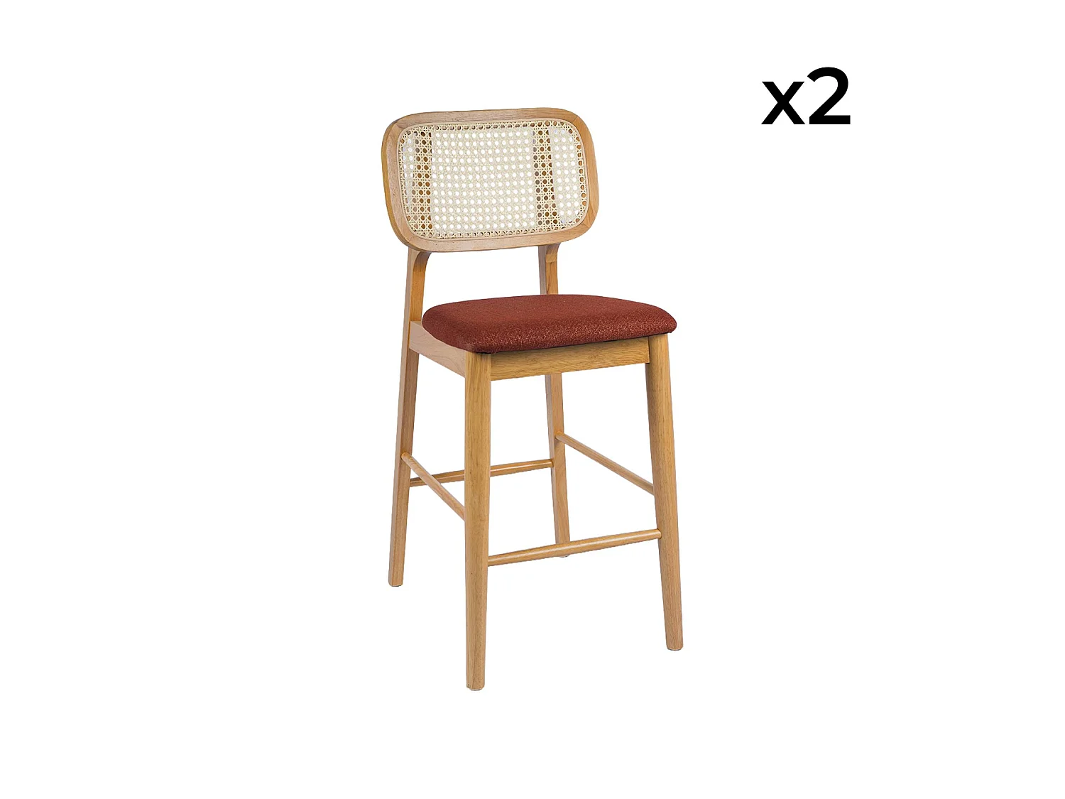 Taburete de bar de madera de hevea con rejilla y tela, set de 2