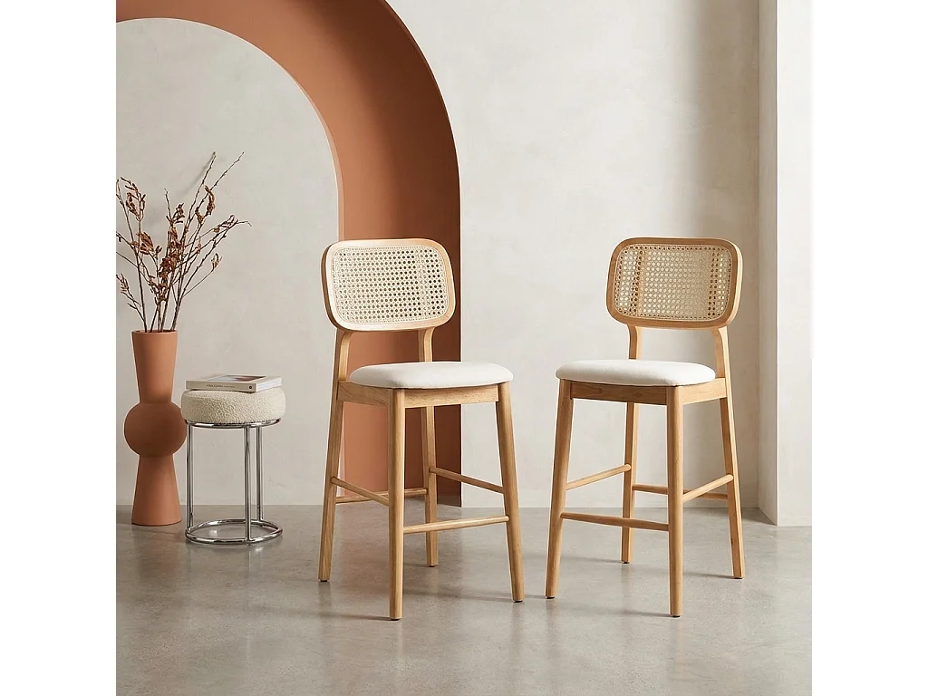 Taburete de bar de madera de hevea con rejilla y tela, set de 2