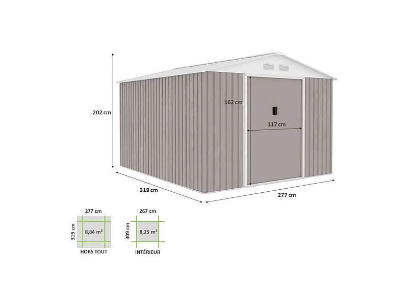 Metalen tuinhuis 8,84 m² - 277 x 319 x 202 cm - Inclusief verankeringsset - Taupe