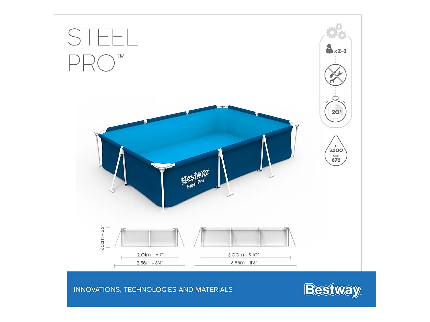 Piscina Fuori Terra Rettangolare Bestway Steel Pro 300x201x66 cm con Rivestimento in DuraPlus e Pompa Filtro a Cartuccia da 1.249 L/h