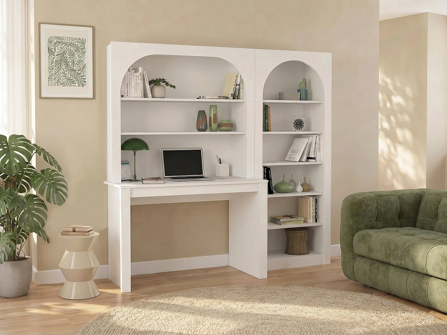 Bureau bibliothèque avec 2 étagères et 6 niches - Blanc - CYMORA