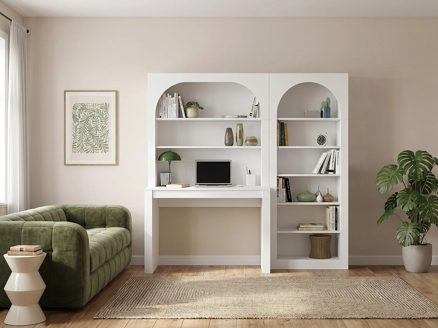 Bureau bibliothèque avec 2 étagères et 6 niches - Blanc - CYMORA