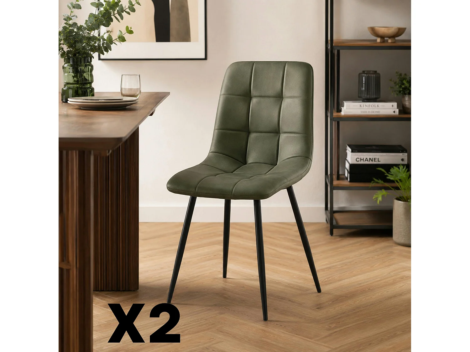 Chaise vert olive motif damier (lot de 2) LORA