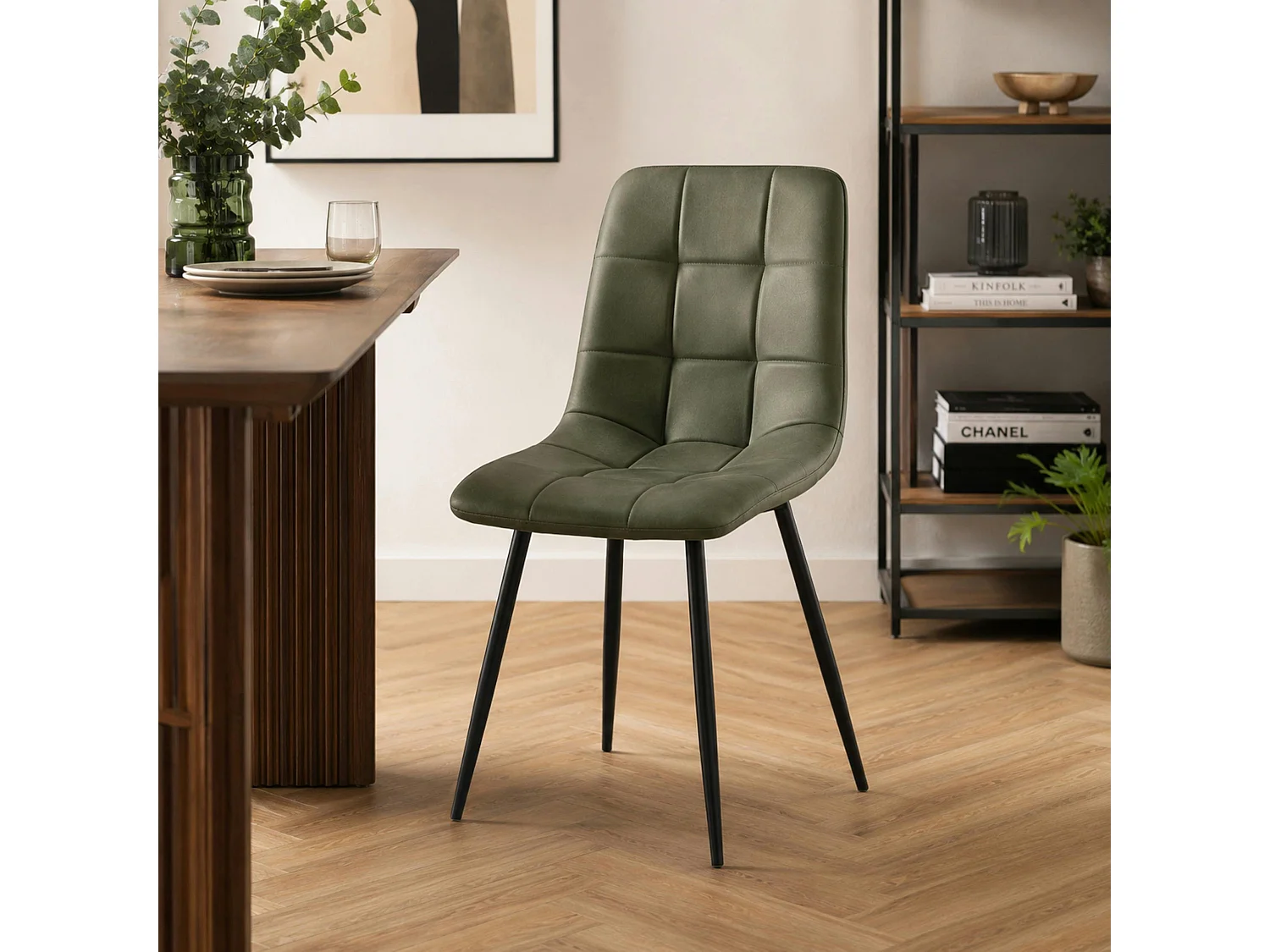 Chaise vert olive motif damier (lot de 2) LORA