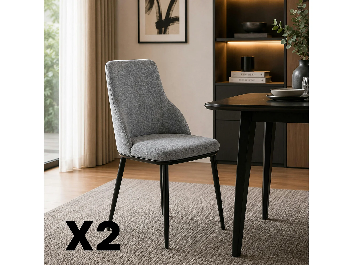 Chaise tissu gris pieds métal noir (x2) AUREN