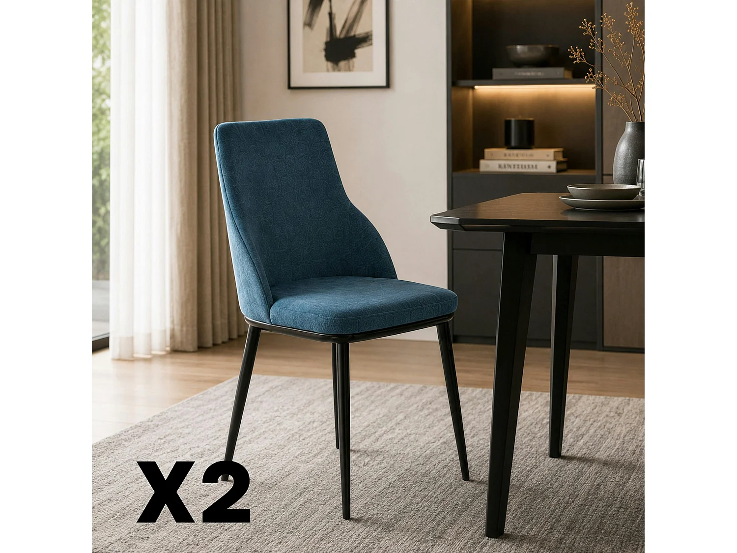 Chaise tissu bleu pieds métal noir (x2) AUREN