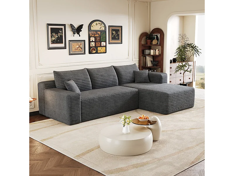 241cm Divano angolare destro in velluto a coste - 3 posti modulare con chaise - Grigio