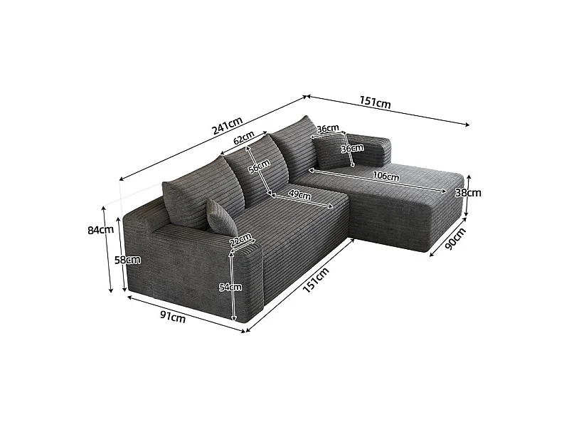 241cm Divano angolare destro in velluto a coste - 3 posti modulare con chaise - Grigio