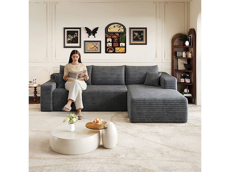 241cm Divano angolare destro in velluto a coste - 3 posti modulare con chaise - Grigio