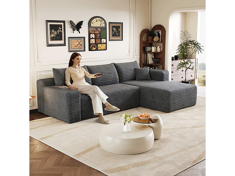 241cm Divano angolare destro in velluto a coste - 3 posti modulare con chaise - Grigio