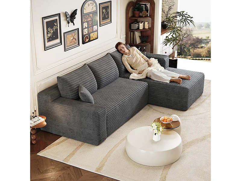 241cm Divano angolare destro in velluto a coste - 3 posti modulare con chaise - Grigio