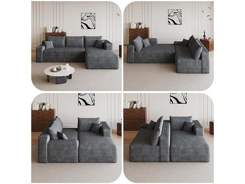 241cm Divano angolare destro in velluto a coste - 3 posti modulare con chaise - Grigio