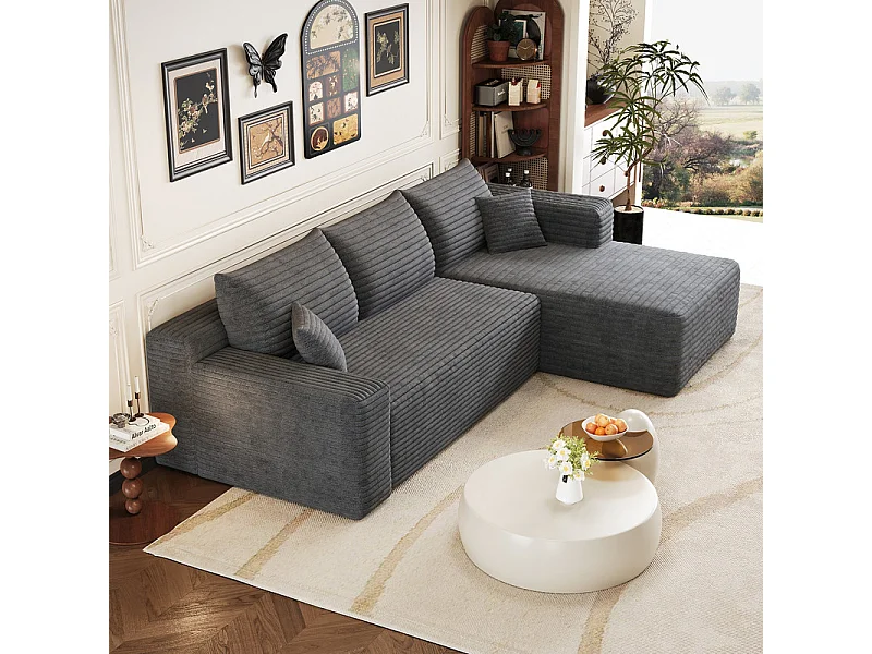 241cm Divano angolare destro in velluto a coste - 3 posti modulare con chaise - Grigio