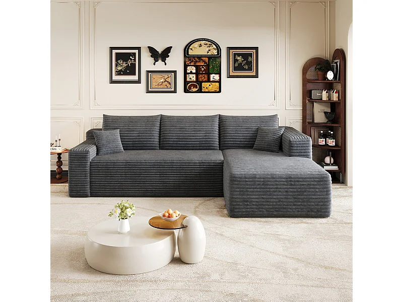 241cm Divano angolare destro in velluto a coste - 3 posti modulare con chaise - Grigio