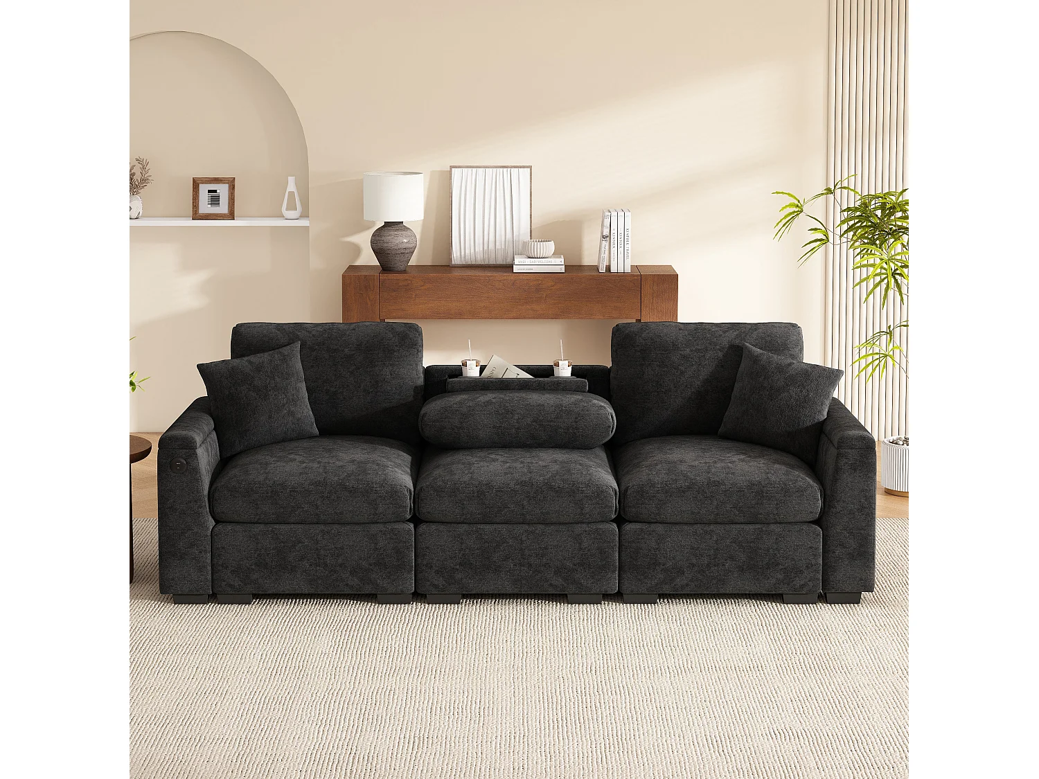 Canapé 3 places moderne en velours de chenille, avec coussins, table pliante, ports USB, porte-gobelets et rangement intégré,Gris