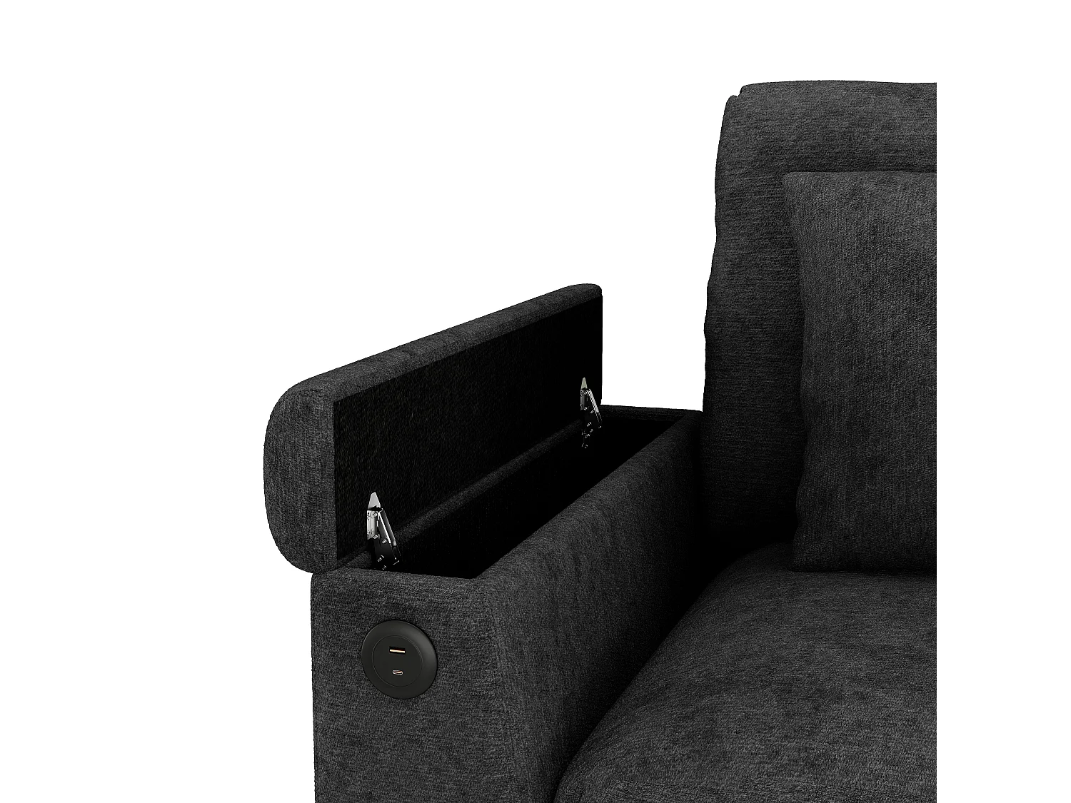 Canapé 3 places moderne en velours de chenille, avec coussins, table pliante, ports USB, porte-gobelets et rangement intégré,Gris