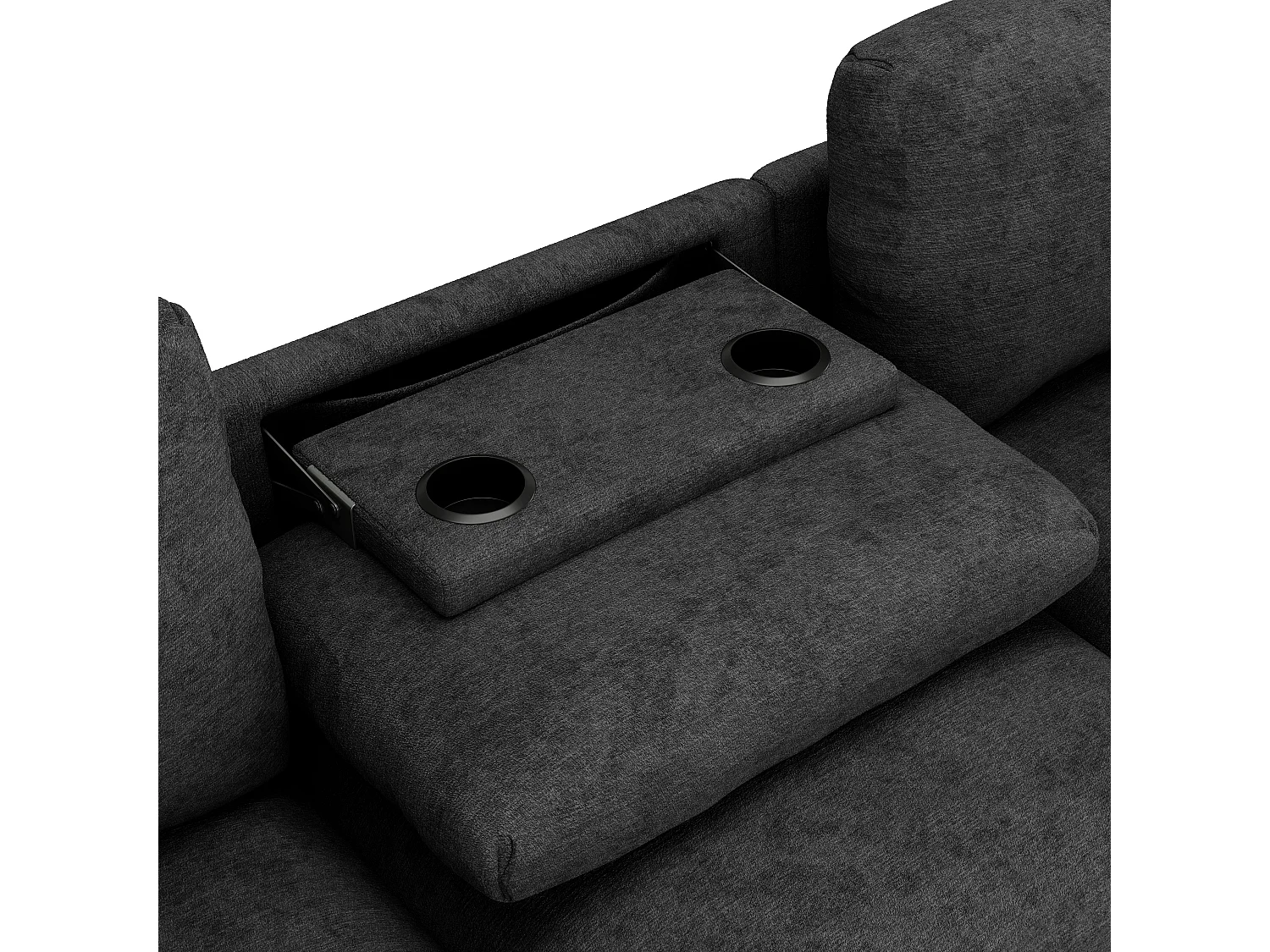 Canapé 3 places moderne en velours de chenille, avec coussins, table pliante, ports USB, porte-gobelets et rangement intégré,Gris