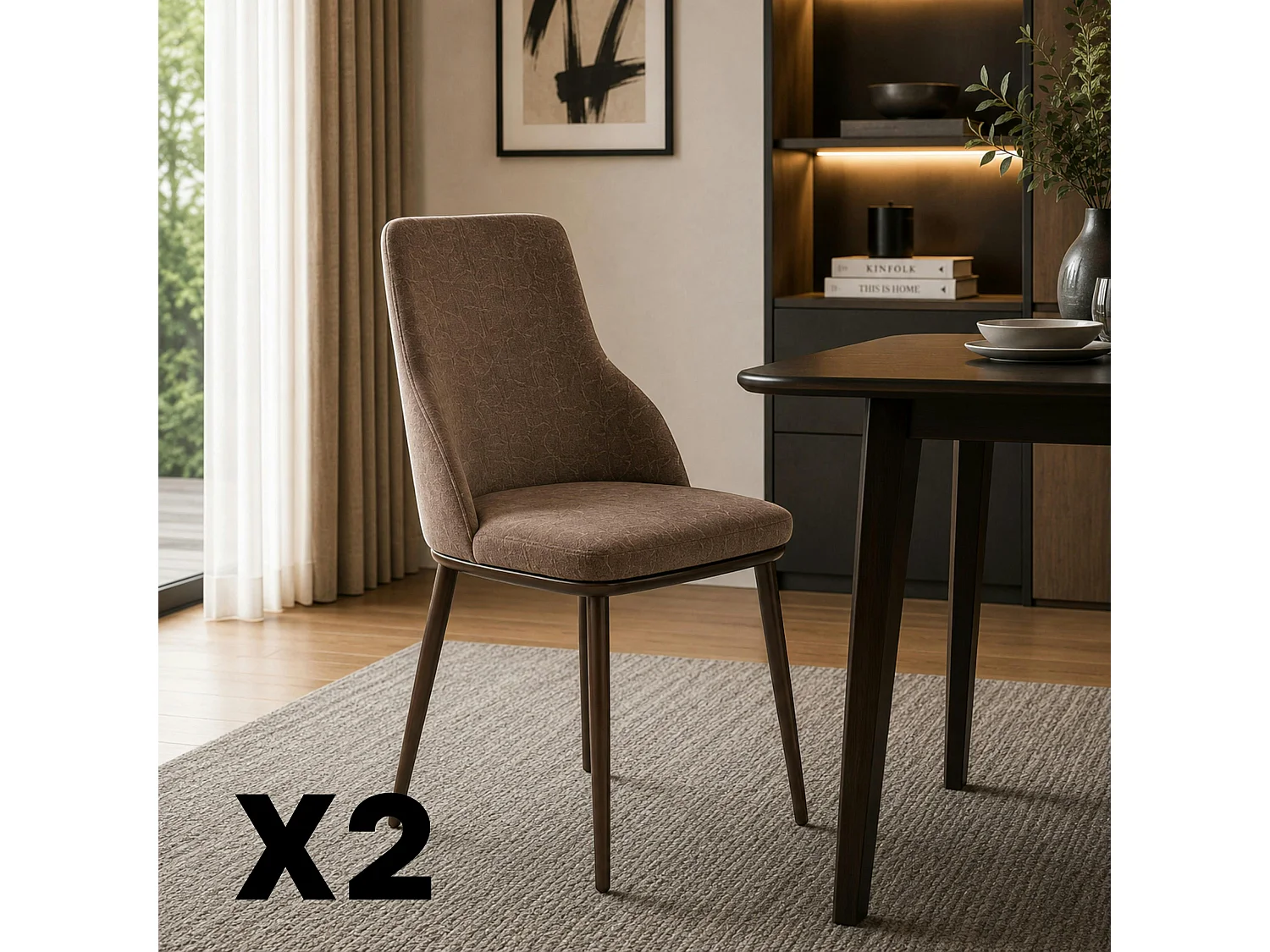 Chaise tissu marron pieds bronze (x2) AUREN