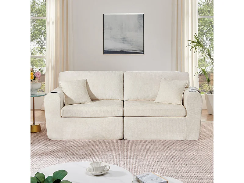 Divano 2 posti modulare in tessuto ciniglia, con portabicchieri e USB, 220x100x89cm, Beige