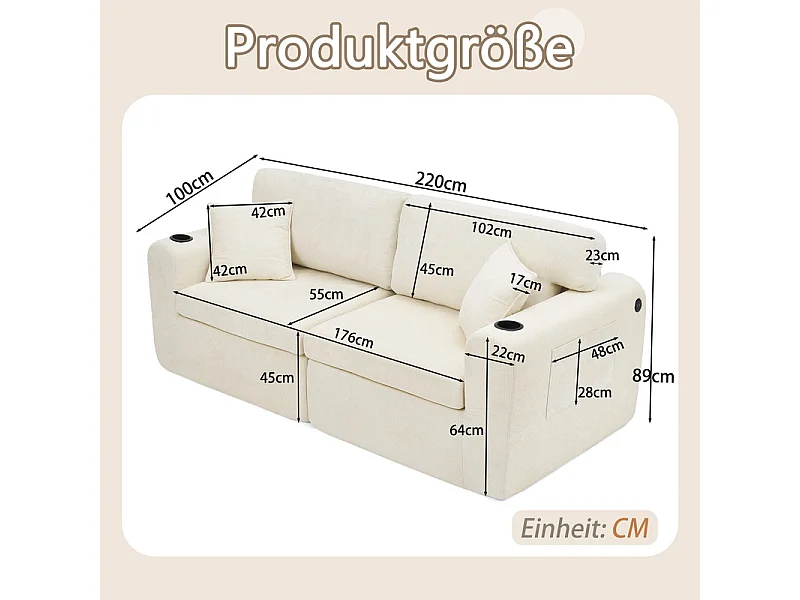 Divano 2 posti modulare in tessuto ciniglia, con portabicchieri e USB, 220x100x89cm, Beige