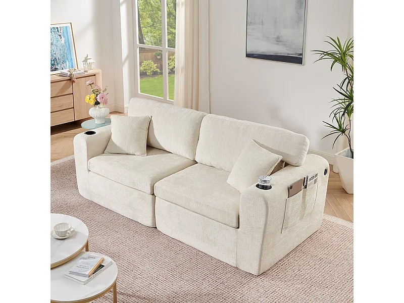 Divano 2 posti modulare in tessuto ciniglia, con portabicchieri e USB, 220x100x89cm, Beige