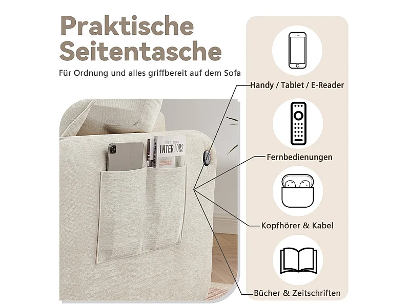 Divano 2 posti modulare in tessuto ciniglia, con portabicchieri e USB, 220x100x89cm, Beige