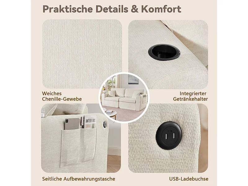 Divano 2 posti modulare in tessuto ciniglia, con portabicchieri e USB, 220x100x89cm, Beige