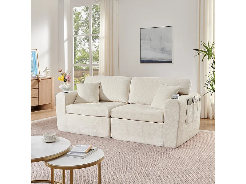 Divano 2 posti modulare in tessuto ciniglia, con portabicchieri e USB, 220x100x89cm, Beige