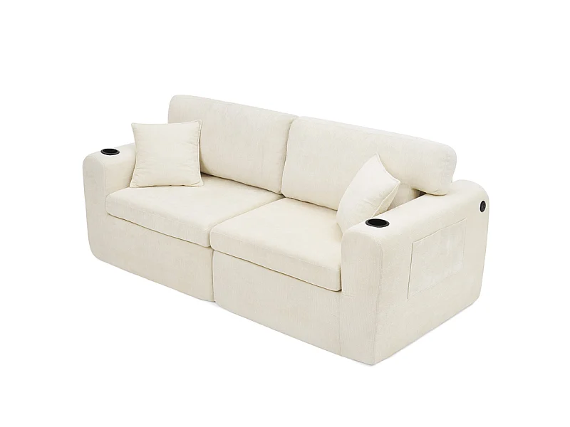 Sofá 2 plazas modular en tela chenilla, con portavasos y USB, 220x100x89cm, Beige