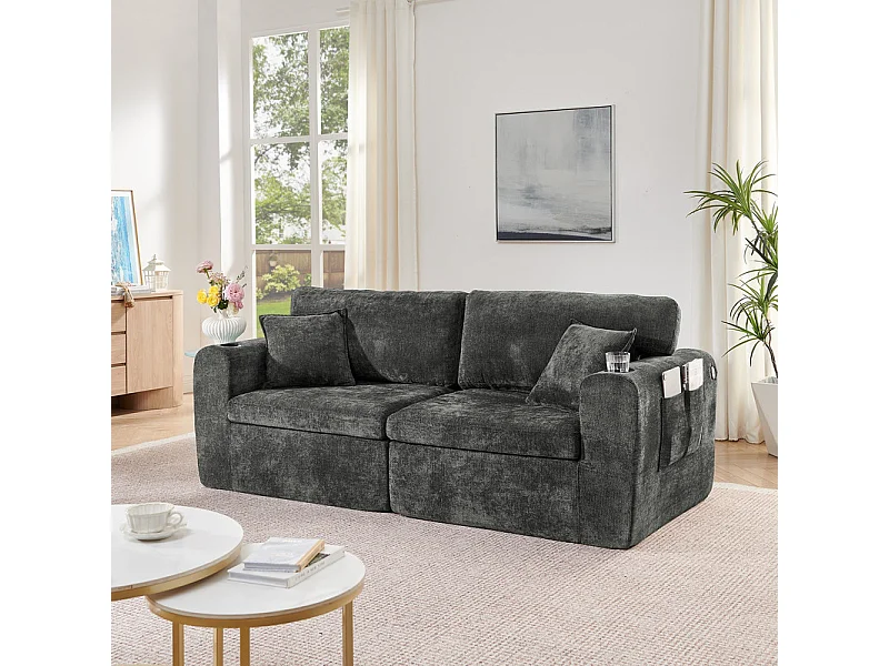 Divano 2 posti modulare in tessuto ciniglia, con portabicchieri e USB, 220x100x89cm, Nero
