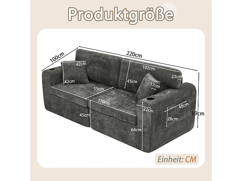 Divano 2 posti modulare in tessuto ciniglia, con portabicchieri e USB, 220x100x89cm, Nero