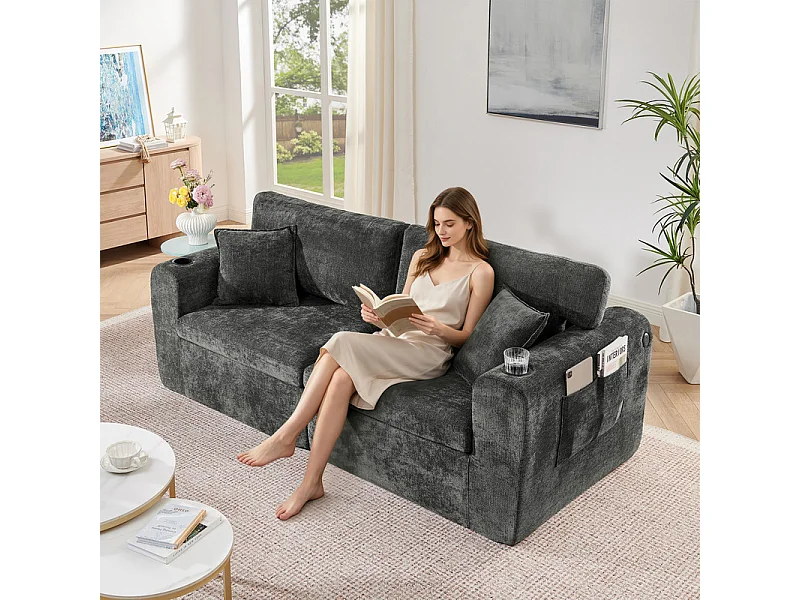 Divano 2 posti modulare in tessuto ciniglia, con portabicchieri e USB, 220x100x89cm, Nero