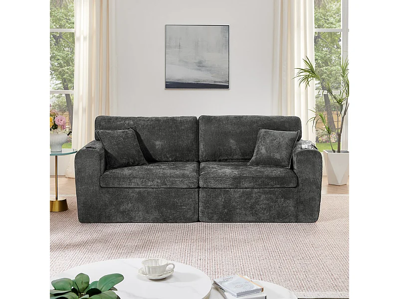 Divano 2 posti modulare in tessuto ciniglia, con portabicchieri e USB, 220x100x89cm, Nero
