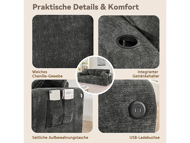 Divano 2 posti modulare in tessuto ciniglia, con portabicchieri e USB, 220x100x89cm, Nero