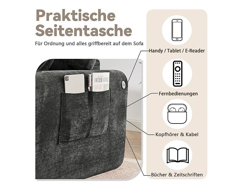 Divano 2 posti modulare in tessuto ciniglia, con portabicchieri e USB, 220x100x89cm, Nero