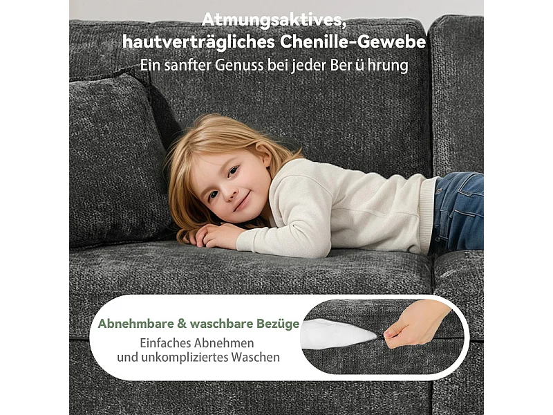 Divano 2 posti modulare in tessuto ciniglia, con portabicchieri e USB, 220x100x89cm, Nero