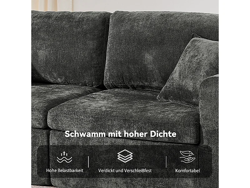 Divano 2 posti modulare in tessuto ciniglia, con portabicchieri e USB, 220x100x89cm, Nero