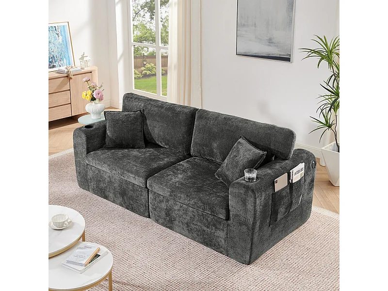 Divano 2 posti modulare in tessuto ciniglia, con portabicchieri e USB, 220x100x89cm, Nero