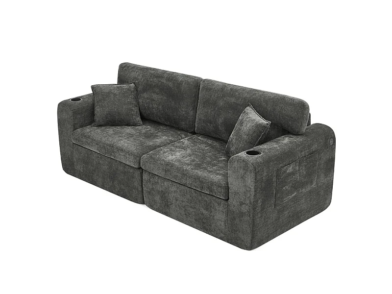Sofá 2 plazas modular en tela chenilla, con portavasos y USB, 220x100x89cm, Negro